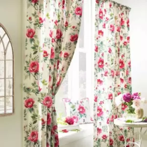 Furn. Peony Floral Pencil Pleat Curtains (Pair) Cotton Polyester Fuchsia (117X137Cm)