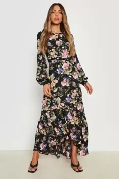 Floral Drop Hem Rouched Maxi Dress