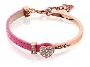 Guess Rose Gold Plated Pink Leather SwarovskiReg Crystal Heart Bangle