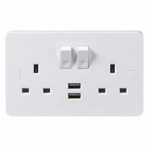 KnightsBridge Pure 9mm 13A White 2G 230V UK 3 Switched Electric Wall Socket and 2 USB Charger Port