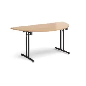 Semi circular folding leg table with Black legs and straight foot rails 1600mm x 800mm - beech