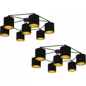 Loops - 2 pack Wall Flush Ceiling Light Colour Black Shade Black Gold Fabric E27 7x40W