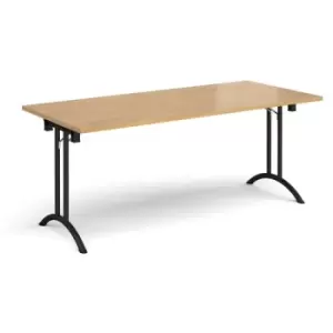 Rectangular folding leg table with Black legs and curved foot rails 1800mm x 800mm - oak