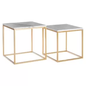 Set of 2 Square Marble Side Tables with Gold Finished Frames