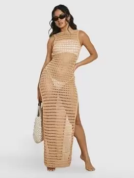 Boohoo Crochet Maxi Beach Dress - Stone, Beige, Size L, Women