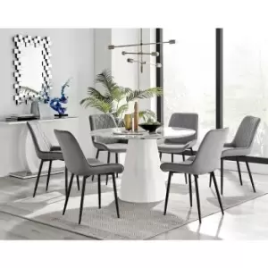 Furniturebox Palma White Marble Effect 120cm Round Minimalist Dining Table & 6 Grey Pesaro Black Leg Velvet Chairs