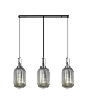 Linear 3 Light Pendant E27 With 20cm Tubular Ribbed Glass, Smoked Black Chrome, Matt Black