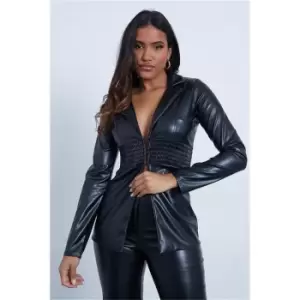 I Saw It First Black Shirred Waist Faux Leather Blazer - Black