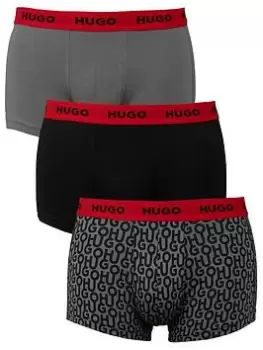 HUGO Bodywear 3 Pack Print/plain Trunks, Grey, Size 2XL, Men