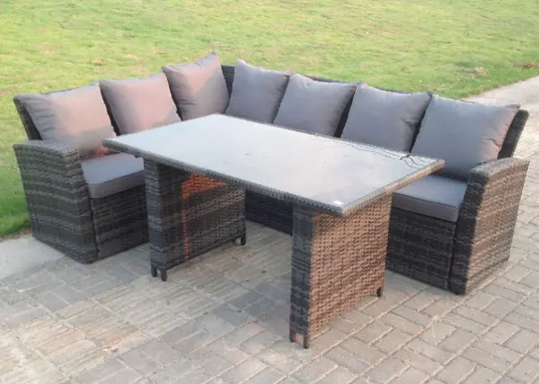 Fimous 6 Seater Outdoor Dark Grey High Back Rattan Lounge Complete Sofa Set with Dining Table Tempered Glass