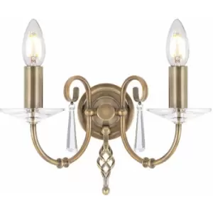 Loops - Twin Wall Light 2 Cut Glass Droplets Swirl Finial Aged Brass LED E14 60W