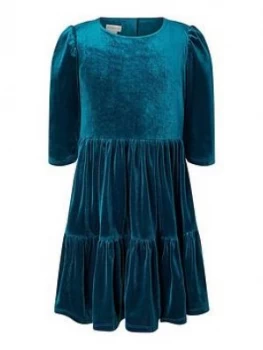 Monsoon Girls S.E.W. Velvet Tiered Dress - Teal, Size 10 Years, Women