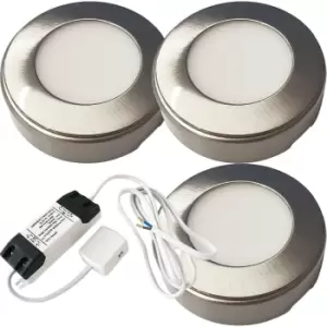 3x BRUSHED NICKEL Round Surface or Flush Under Cabinet Kitchen Light & Driver Kit - Natural White LED