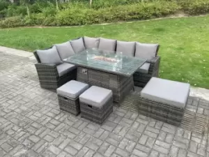 Fimous 6 Seater Outdoor Dark Grey High Back Rattan Lounge Complete Sofa Set with Gas Fire Pit, 2 Stools and Big Footstool