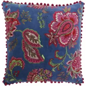 Riva Paoletti - Malisa Paisley Indian Print Faux Velvet Pom Pom Fringed Cushion Cover, Smoke Blue, 50 x 50 Cm