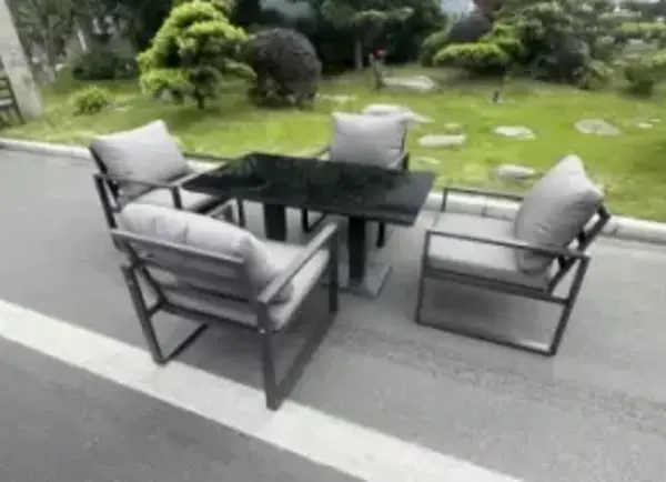 Fimous 4 Seater Outdoor Dark Grey Aluminum Complete Dining Set with Adjustable Rising Lifting Table