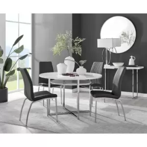 Furniturebox Adley White High Gloss 120cm Storage Dining Table & 4 Black Isco Silver Leg Faux Leather Chairs