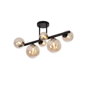 Marshall Semi Flush Ceiling Lamp, 6 Light G9, Satin Black, Amber Plated Glass