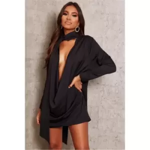 I Saw It First Black Premium Satin Extreme Cowl Neck Tie Shift Dress - Black