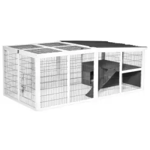 Pawhut Rabbit Hutch Wooden w/ Run Cover With Hinged Roof - Grey