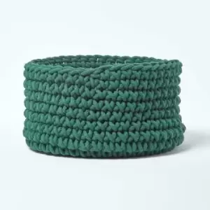 Homescapes - Forest Green Cotton Knitted Round Storage Basket, 37 x 21cm - Forest Green