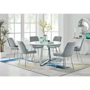 Santorini White Round Dining Table And 6 Grey Pesaro Silver Leg Chairs - Elephant Grey