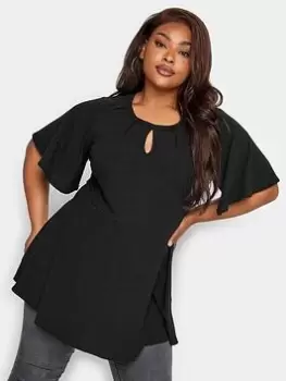 Yours Keyhole Peplum Rib Top. Black, Size 34-36, Women