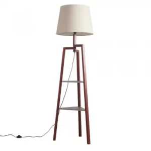 Towa Shelved Dark Wood Tripod Floor Lamp with XL Beige Aspen Shade