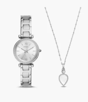 Fossil Women Carlie Three-Hand Stainless Steel Watch and Necklace Set