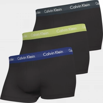 Calvin Klein Mens Cotton Stretch Low Rise 3 Pack Trunks with Contrast Waistband - B-Hemisphere/Direct Green/Blue Flan - XL