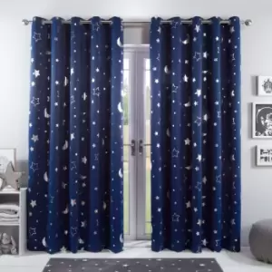 Dreamscene Star Blackout Curtains Pair Eyelet Ready Made Kids Navy - 46" X 54"