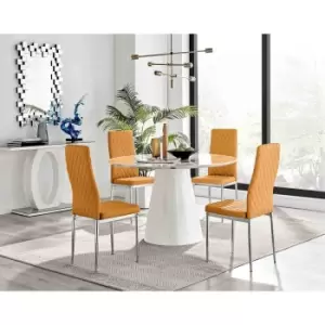 Furniture Box Palma White Marble Effect Round Dining Table and 4 Mustard Milan Chrome Leg Chairs