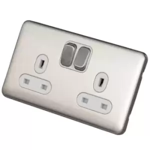 Schneider Electric Lisse Screwless Deco - Switched Double Power Socket, Double Pole, 13A, GGBL3020DWSS, Stainless Steel with White Insert