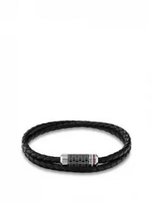 Tommy Hilfiger Black Braided Leather Bracelet, Black, Men