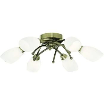 Searchlight Opera - 6 Light Flush Multi Arm Ceiling Light Antique Brass and Opal Glass, G9