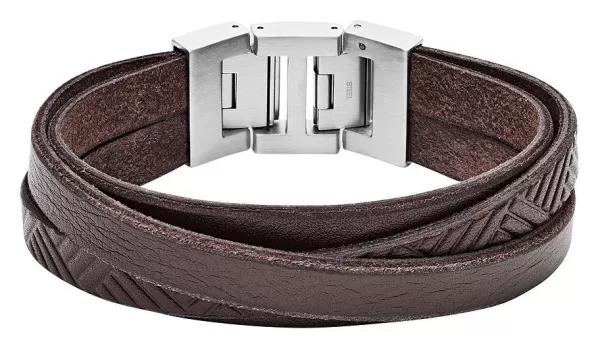 Fossil Mens Brown Textured Leather Wrist Wrap Bracelet