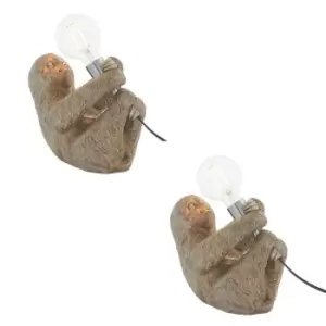 2 PACK Vintage Silver Sloth Table Light - Resin Figure - Chrome Lamp Holder