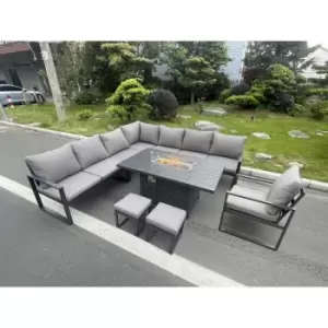 Fimous 10 Seater Outdoor Dark Grey Aluminum Lounge Complete Sofa Set with Gas Fire Pit, Heater and 2 Stools