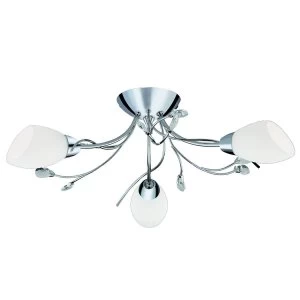 3 Light Multi Arm Ceiling Semi Flush Light Chrome, Crystal and Opal Glass, E14