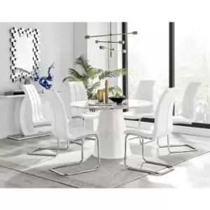 Furniturebox Palma White Marble Effect 120cm Round Minimalist Dining Table & 6 White Murano Silver Leg Faux Leather Chairs