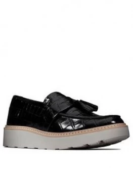 Clarks Trace Tassel Leather Wedge Shoe - Black Croc