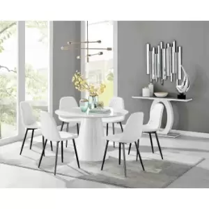 Furniture Box Palma White High Gloss Round Dining Table and 6 White Corona Black Leg Chairs