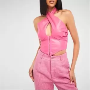 Missguided Halterneck Faux Leather Corset Top - Pink