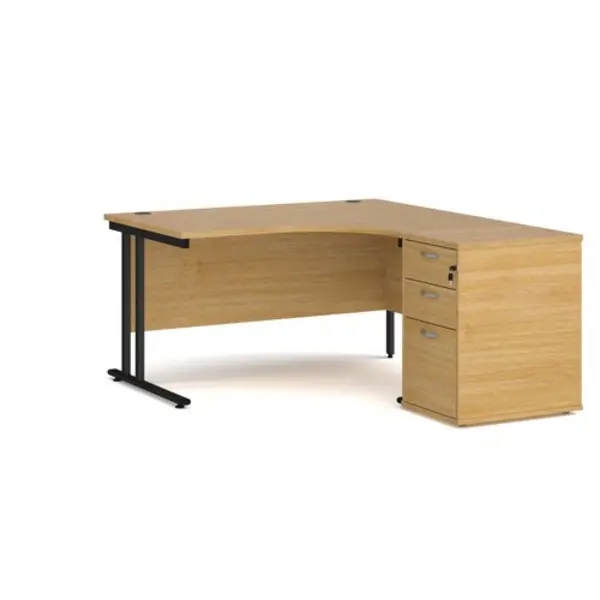 Office Desk Right Hand Corner Desk 1400mm With Pedestal Oak Top With Black Frame Maestro 25