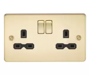 KnightsBridge Flat plate 13A 2G DP switched socket - polished brass with Black insert