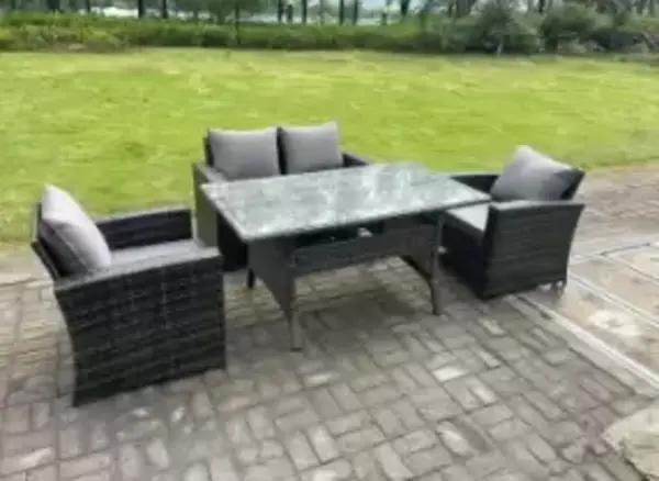 Fimous 4 Seater Outdoor Dark Grey Rattan Lounge Complete Sofa Set with Dining Table and Arm Chairs