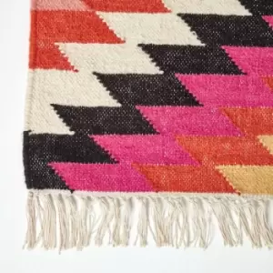 Jakarta Handwoven Pink, Orange and Yellow Multi Coloured Geometric Pattern Kilim Wool Rug, 120 x 170cm - Multi Colour - Homescapes