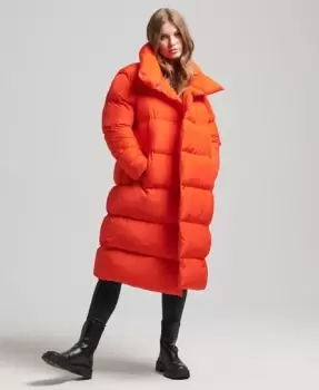 Superdry Womens Longline Puffer Coat Orange / Volcanic Lava Orange - Size: 10