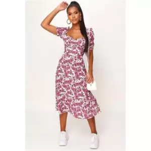 I Saw It First Pink Woven Floral Print Puff Sleeve Button Front Midi Dress - Pink