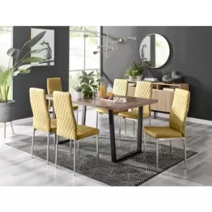 Furniturebox Kylo Brown Wood Effect Dining Table & 6 Mustard Milan Velvet Dining Chairs Diamond Stitch Modern Contemporary Chrome Metal